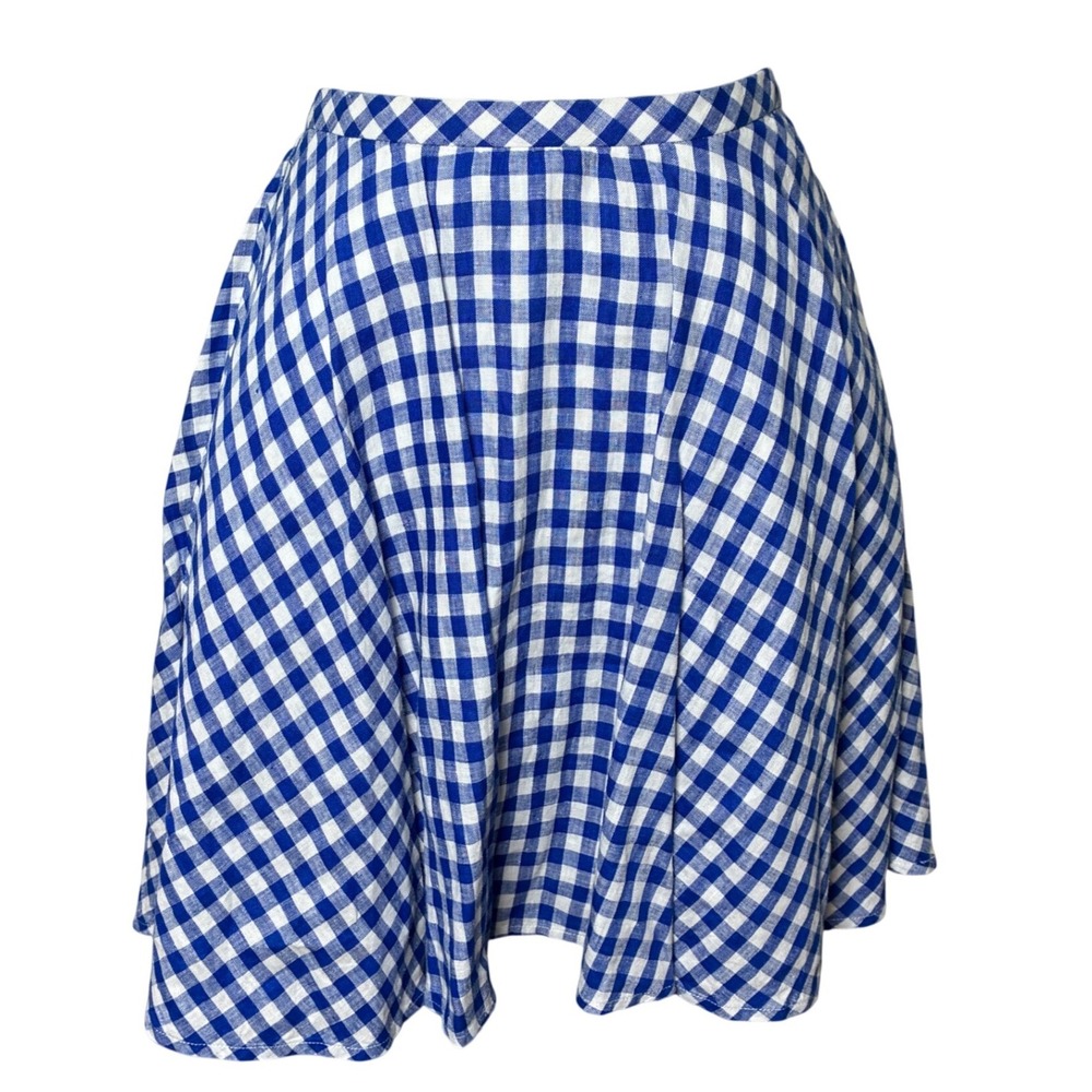 J.Crew Blue Gingham Linen Mini Skirt A Line Pleated Preppy Coastal Size 4